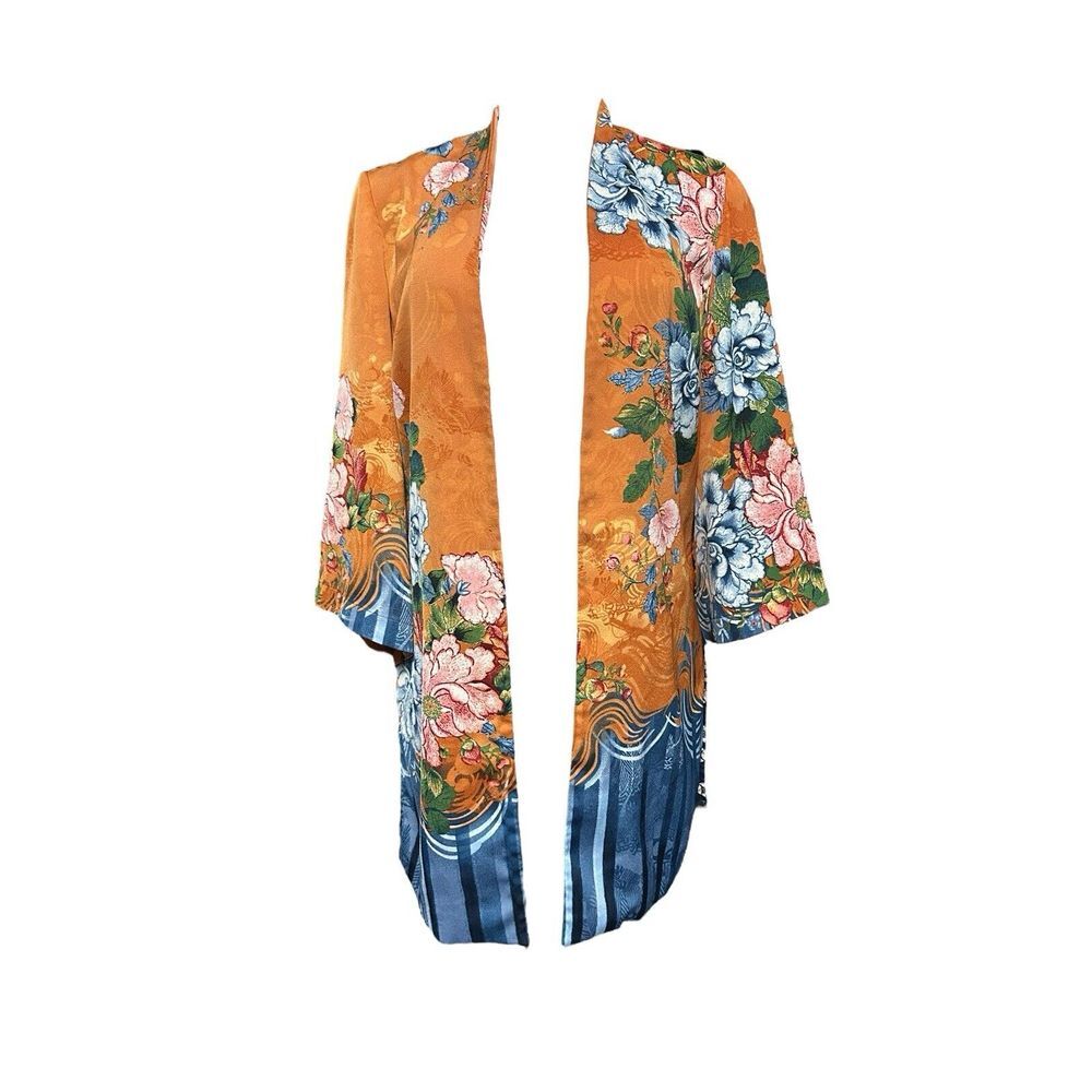 Chicos Drama Printed Kimono‎ Jacket 0  Open Front Blue Orange Floral - Picture 3 of 5